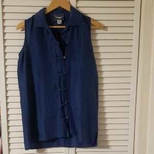 Vintage American Best Silk Navy Sleeveless Blouse with Button Detail